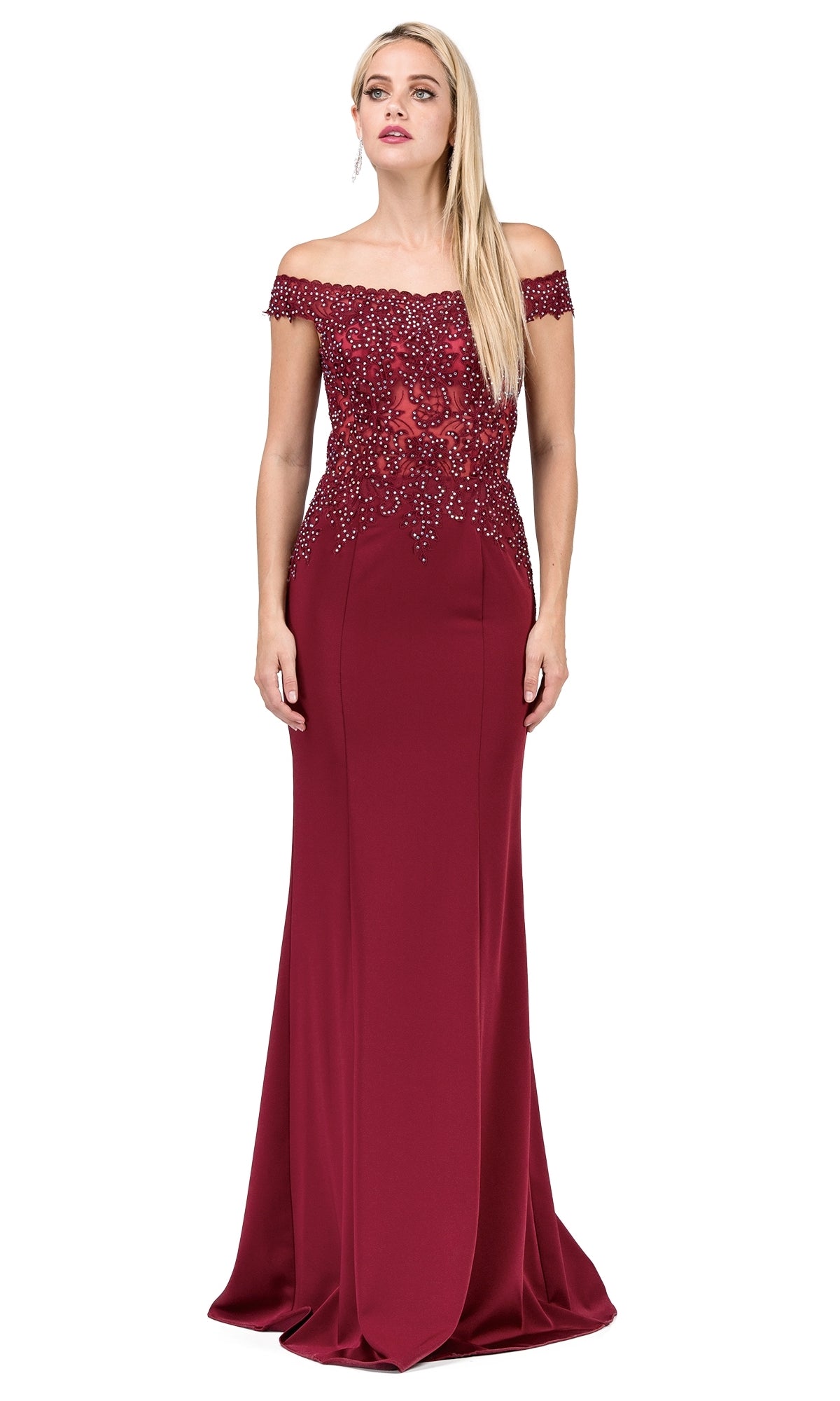 A woman wears the Off-Shoulder Long Prom Dress with Beads, featuring a beaded bodice and a floor-length burgundy skirt, set against a white background.